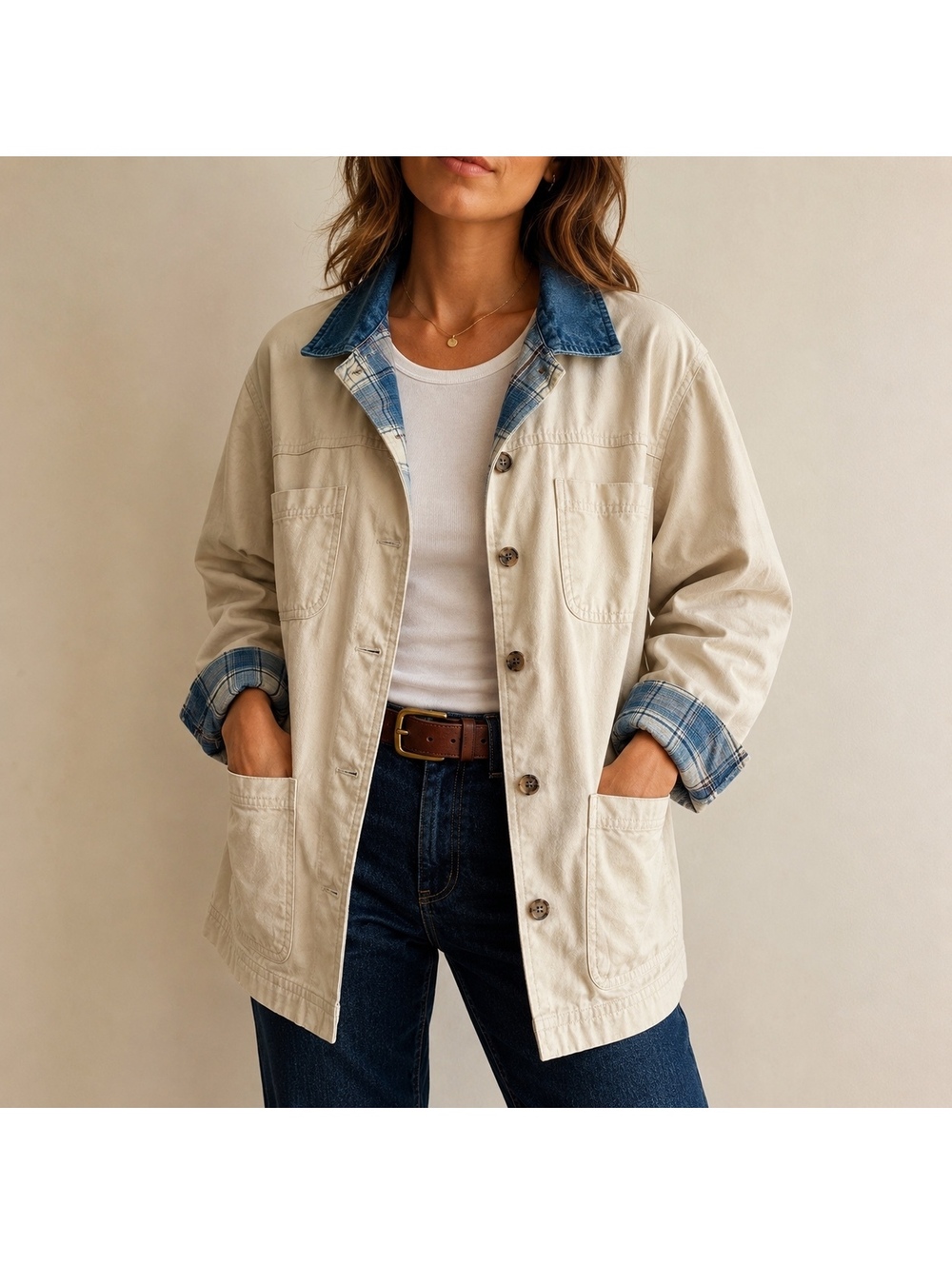 Vintage 90s Cabin Creek Cream Chore Coat Denim Collar Plaid Trim Cotton L